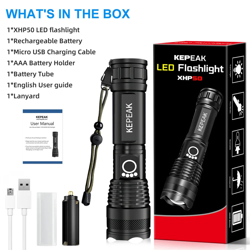 "Powerful LED Tactical Flashlight - 5000mAh Rechargeable, Waterproof & Outdoor Ready