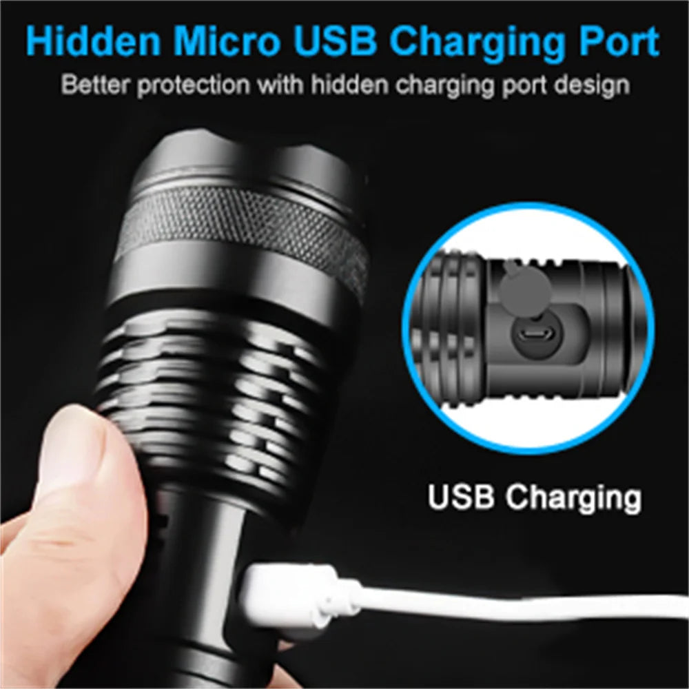 "Powerful LED Tactical Flashlight - 5000mAh Rechargeable, Waterproof & Outdoor Ready