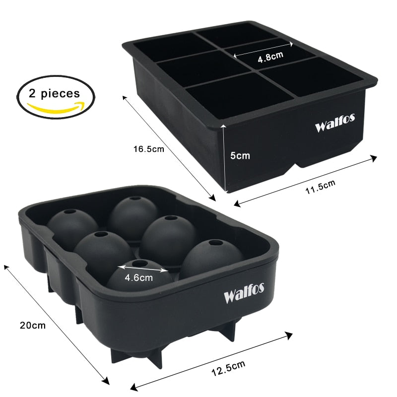 WALFOS Large Size 6 Cell Ice Ball Mold Silicone Ice Cube Trays Whiskey Ice Ball Maker 6 Silicone Molds Maker For Party Bar