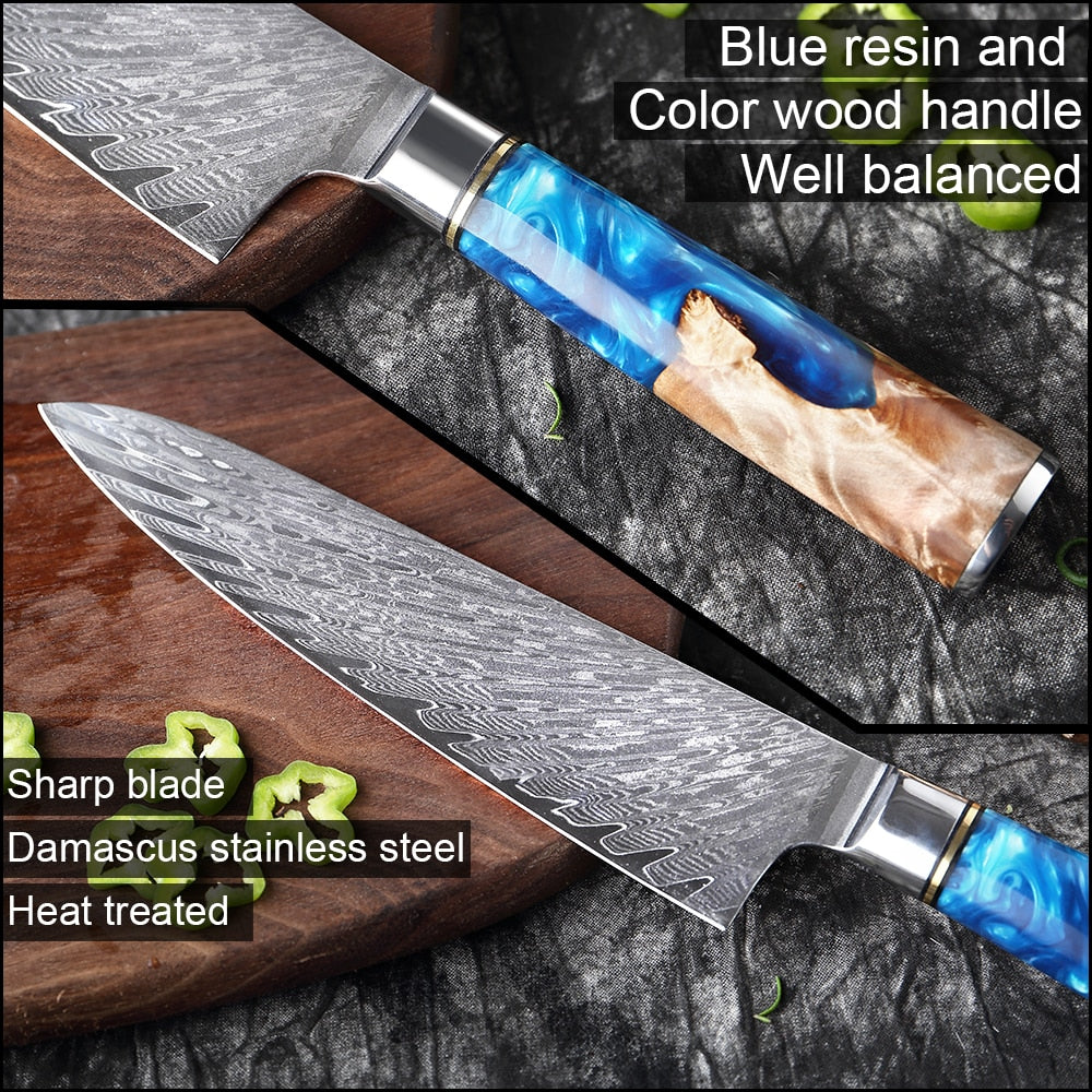 Damascus Steel Japanese VG10 Chef Knife Paring Fruit Vegetable Kitchen knife Blue Resin Color Wood Handle Cooking Tool