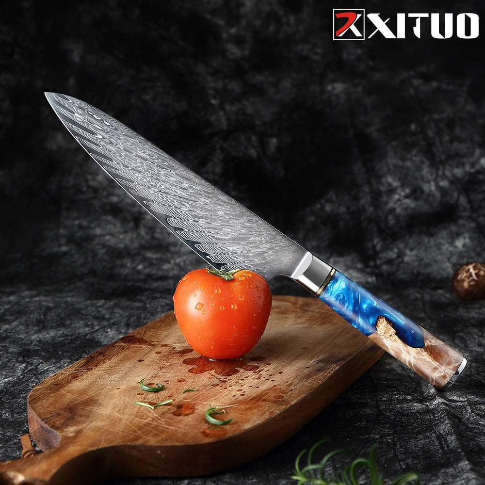 Damascus Steel Japanese VG10 Chef Knife Paring Fruit Vegetable Kitchen knife Blue Resin Color Wood Handle Cooking Tool