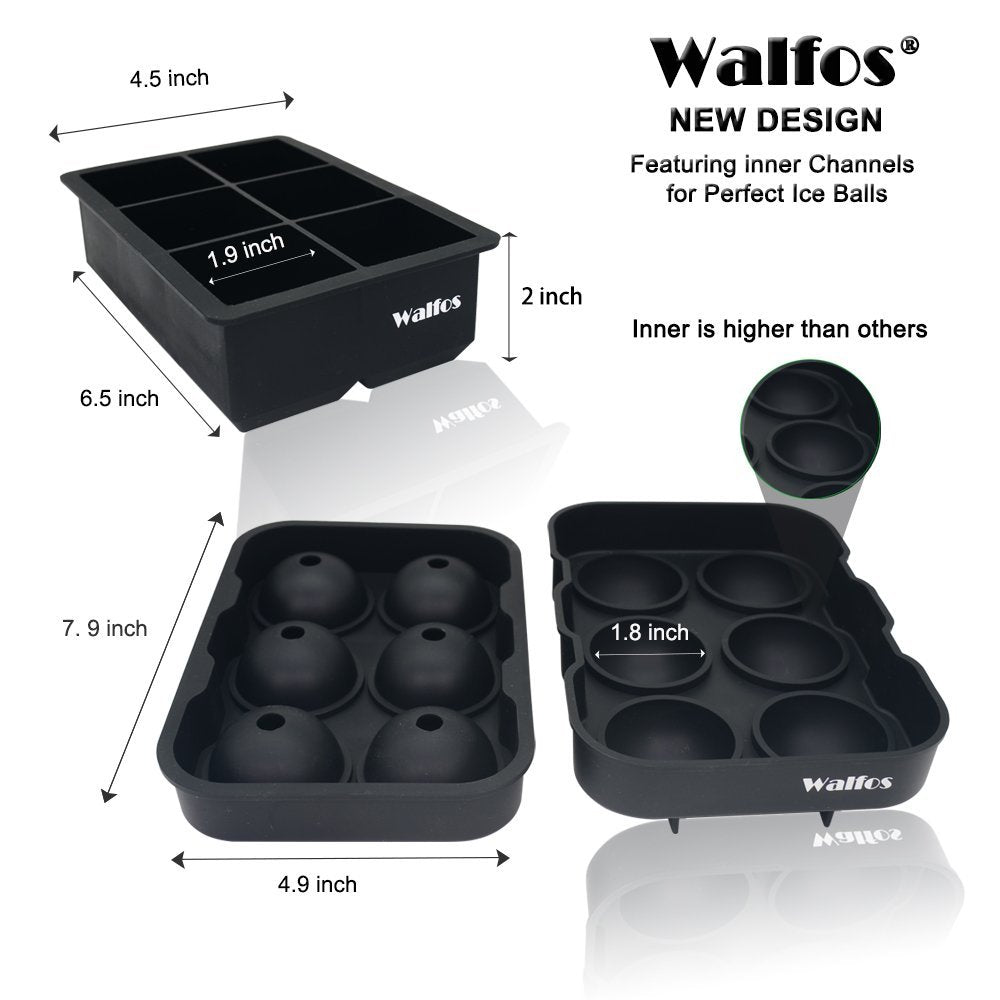 WALFOS Large Size 6 Cell Ice Ball Mold Silicone Ice Cube Trays Whiskey Ice Ball Maker 6 Silicone Molds Maker For Party Bar