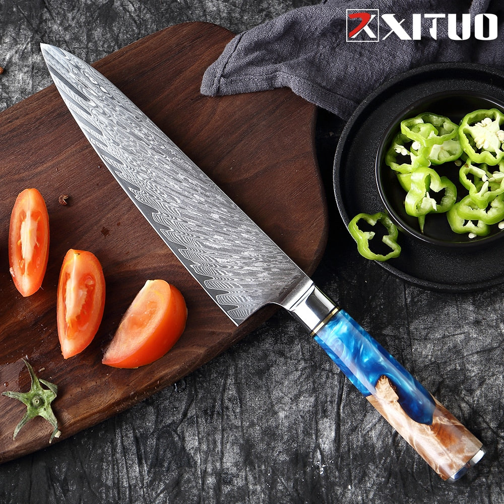 Damascus Steel Japanese VG10 Chef Knife Paring Fruit Vegetable Kitchen knife Blue Resin Color Wood Handle Cooking Tool